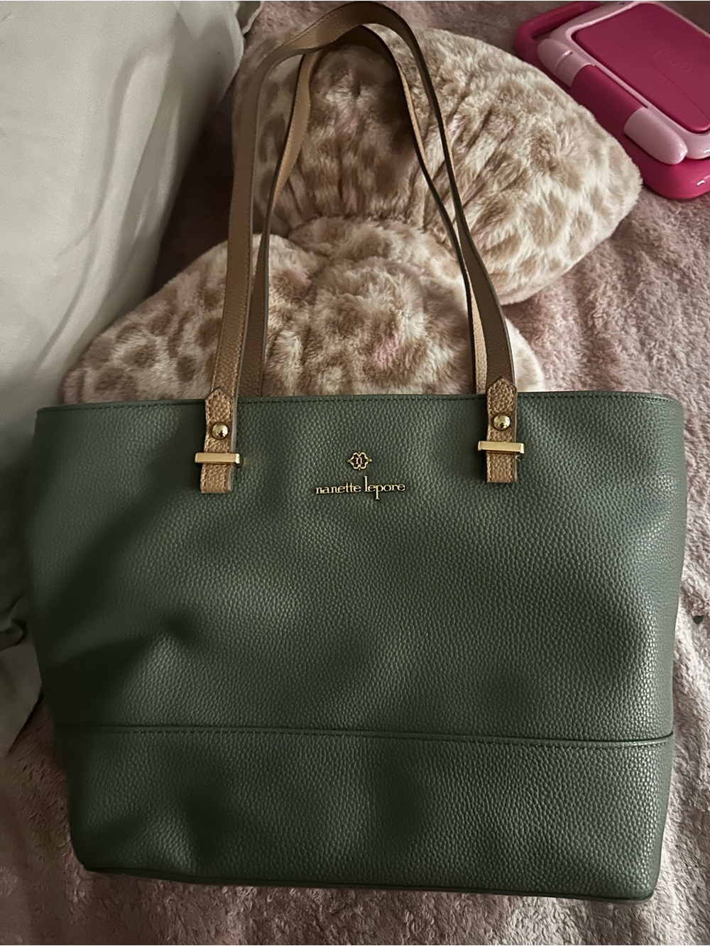 Nanette Lepore Forest Green Tote with Tan Straps